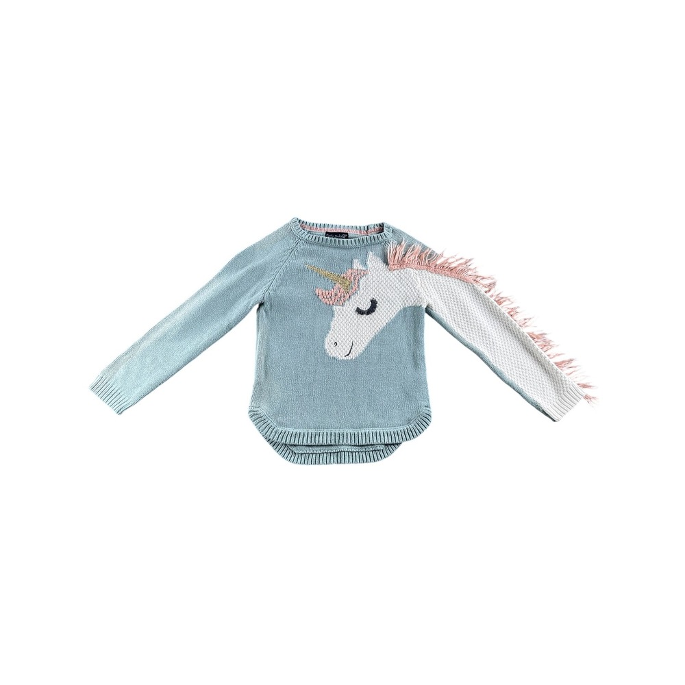 Cynthia Rowley Girls Blue Unicorn Knit Sweater Pink Fringe Mane Gold Horn Size 6